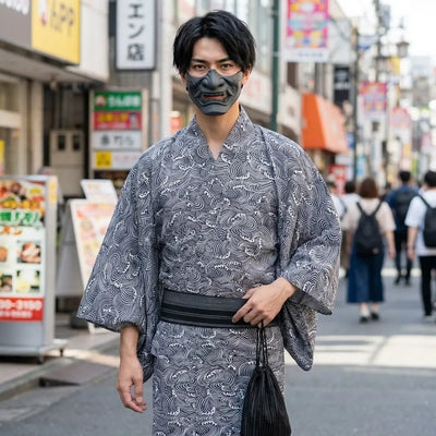 Kimono estilo japonés de olas, vista frontal detalle