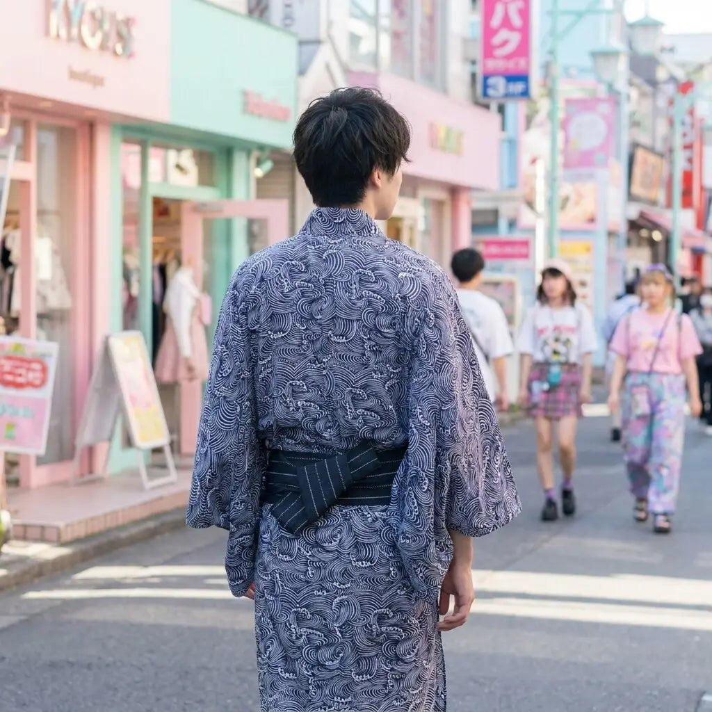 Kimono de olas japonesas, detalle trasero de la tela