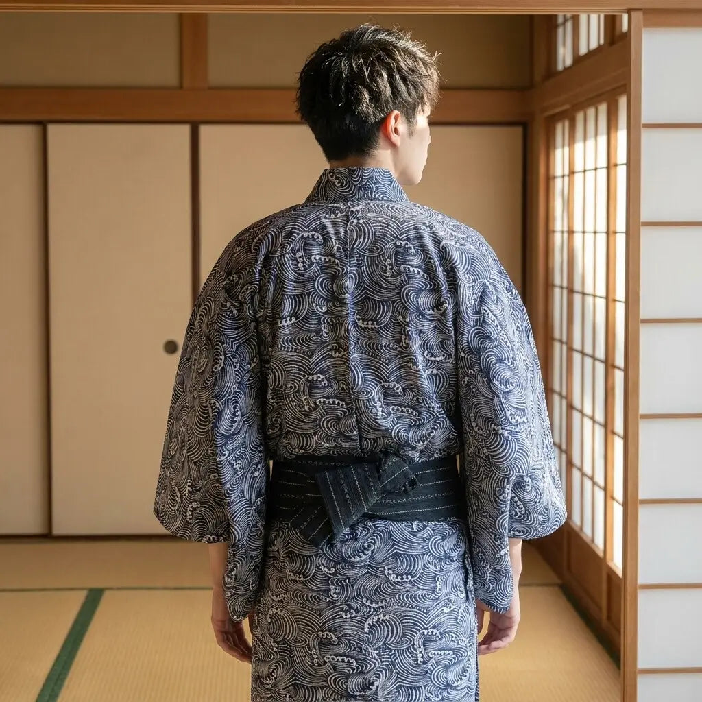 Kimono japonés de olas, espalda con mangas anchas
