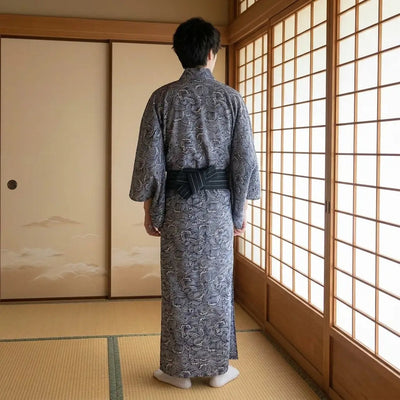 Kimono olas japonesas vista trasera con estampado seigaiha