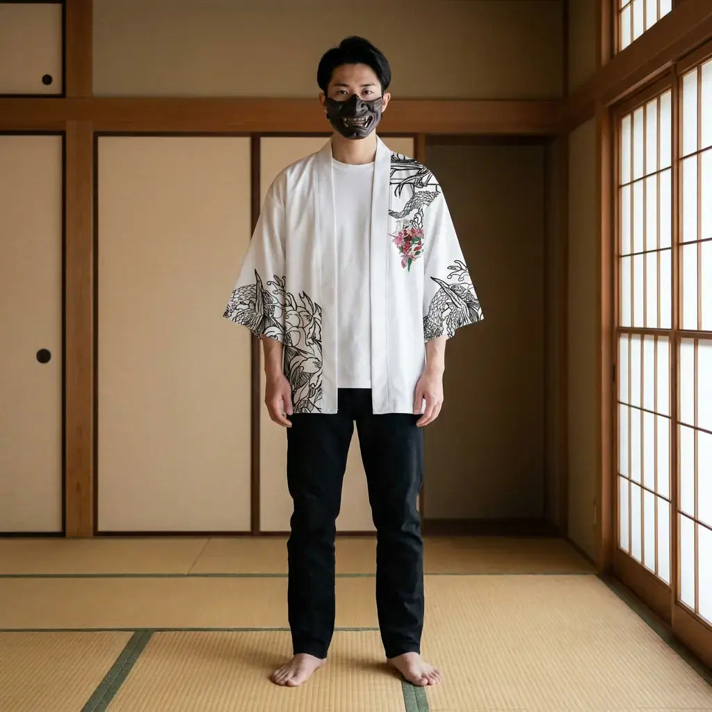 Kimono Oni llevado por un hombre en una habitación japonesa tradicional, vista frontal