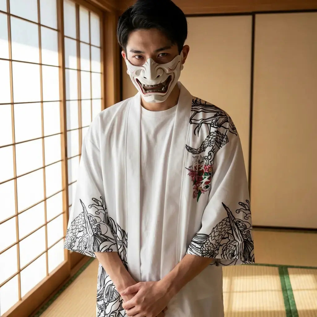 Kimono Oni llevado por un hombre en una habitación japonesa tradicional, vista frontal