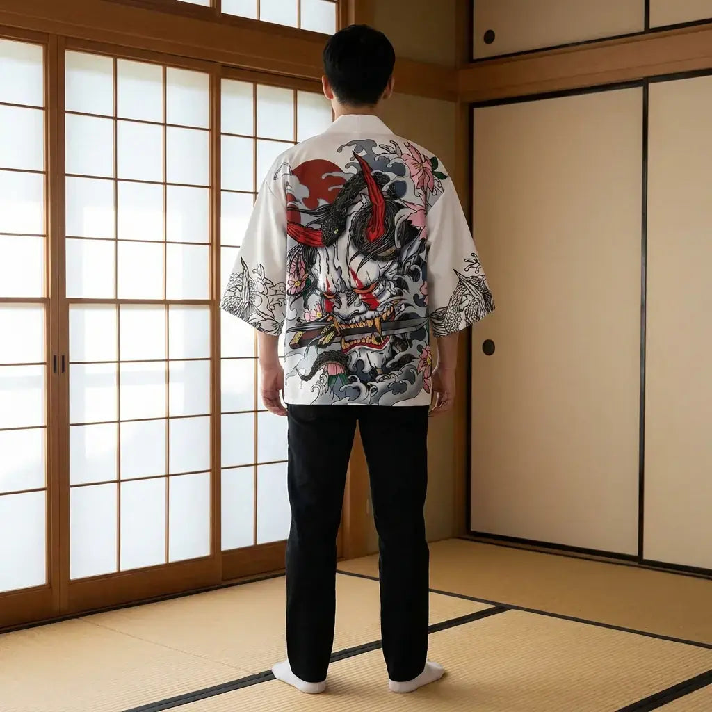 Kimono Oni visto por la espalda, con el estampado completo