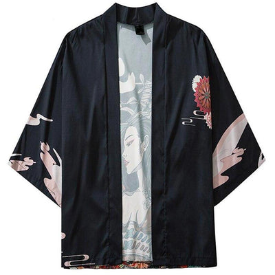 Haori negro con estampado de patrones japoneses