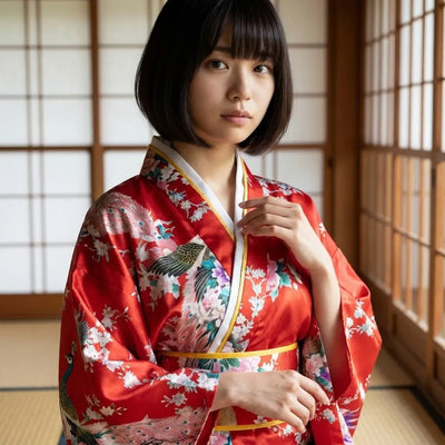 Detalle del estampado de pavo real kujaku sobre la base en rojo kurenai del kimono