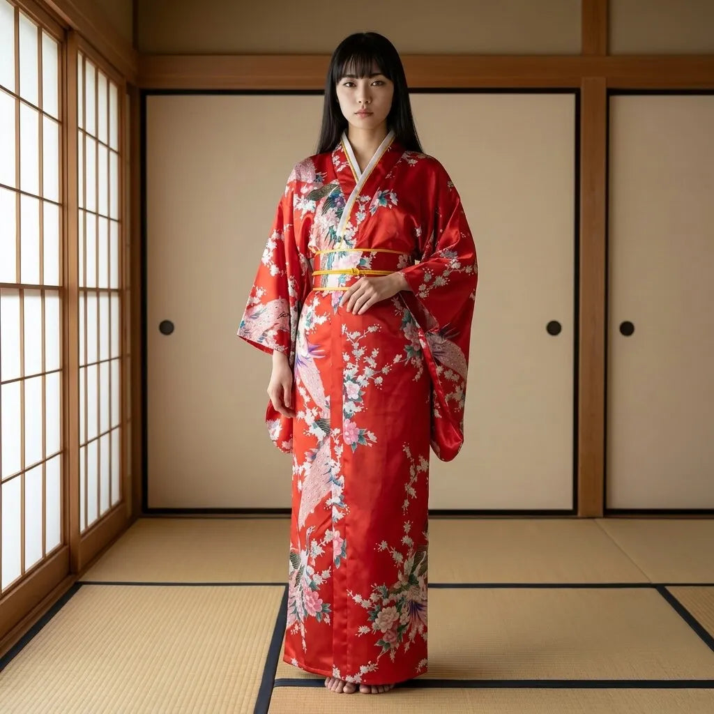 Kimono rojo mujer con motivo de pavo real y corte cruzado largo, vista frontal
