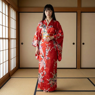 Kimono rojo mujer con motivo de pavo real y corte cruzado largo, vista frontal