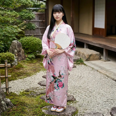 Vista trasera del kimono rosa de pavo real con cintura estilo obi y mangas fluidas