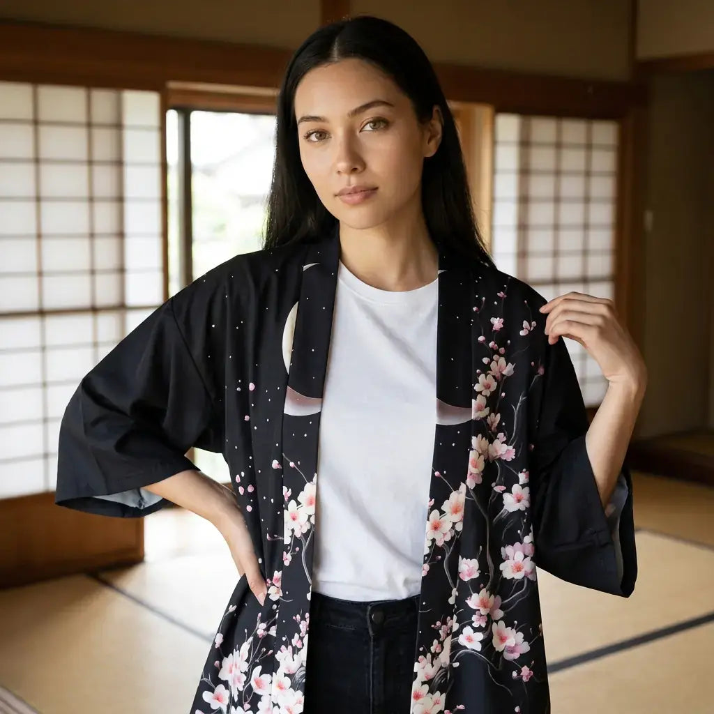 Primer plano del tejido y la manga del kimono sakura mujer