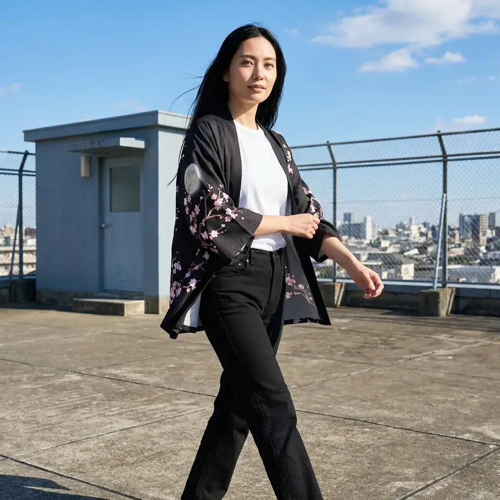Primer plano del tejido y la manga del kimono sakura mujer