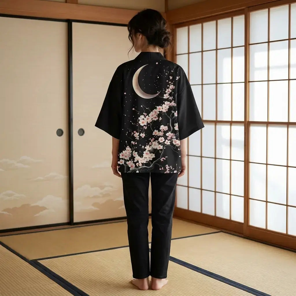 Kimono Sakura Mujer llevado por un hombre en una habitación japonesa tradicional, vista frontal