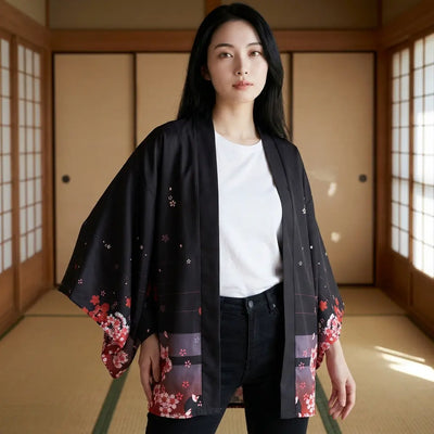 Kimono santuario kitsune para mujer, abierto, visto de frente en una sala de tatami