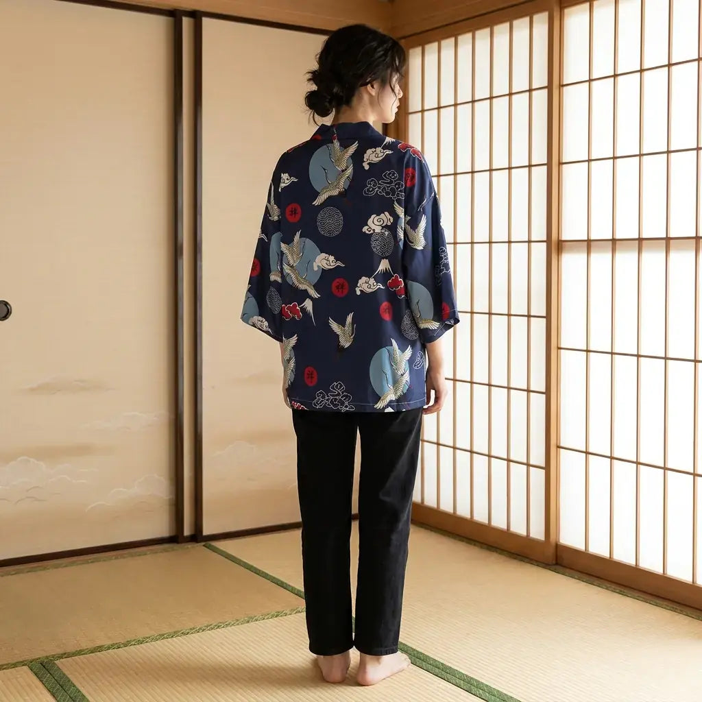 Kimono set Tsuru llevado por un hombre en una habitación japonesa tradicional, vista frontal