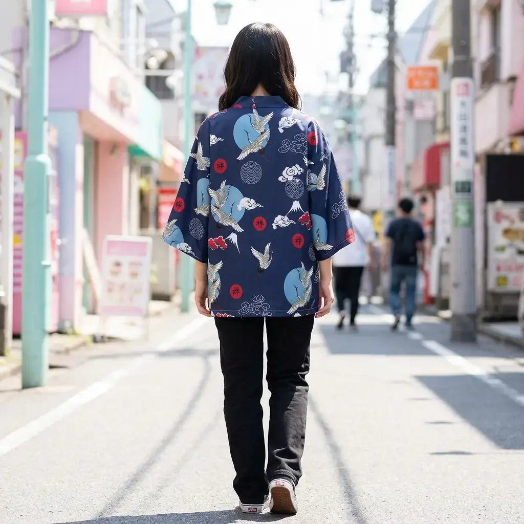 Kimono set Tsuru llevado por un hombre en una habitación japonesa tradicional, vista frontal