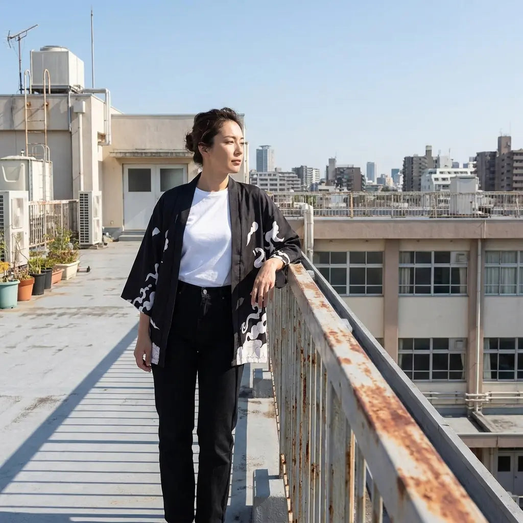Kimono tradicional japonés estilo tora apoyado en la barandilla de una azotea