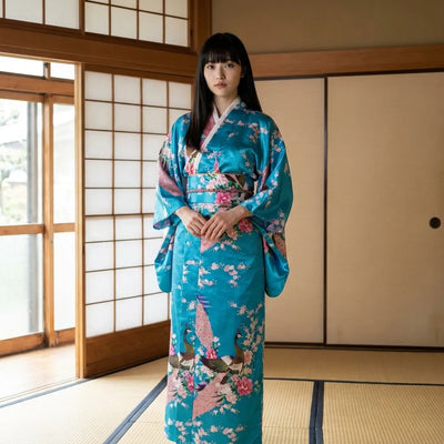 Kimono turquesa de mujer con motivo inspirado en el pavo real y silueta larga