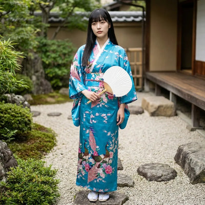 Vista trasera del kimono turquesa de pavo real con corte cruzado fluido y cintura estilo obi