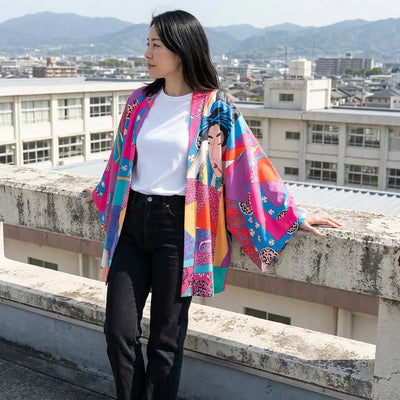Kimono ukiyo-e mujer fotografiado en una azotea con colinas al fondo