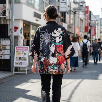 Mujer vista de espaldas con un kimono harajuku en una calle de Harajuku