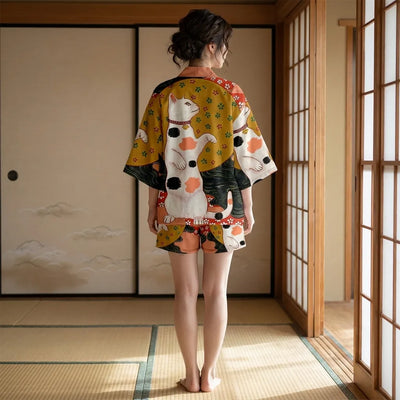 Kimono de verano hombre con estampado Maneki Neko