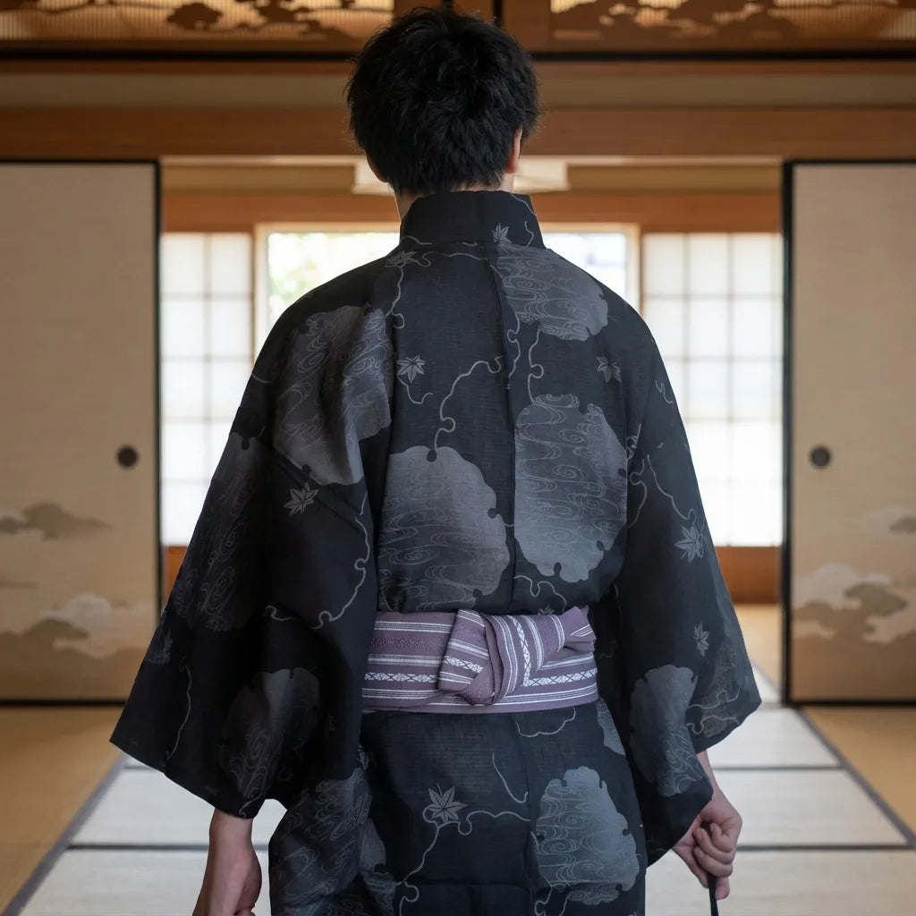 Kimono yukata de invierno para hombre visto de espaldas