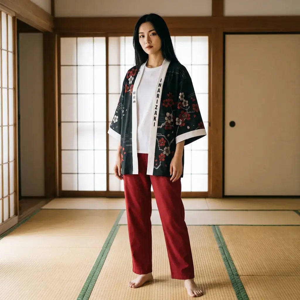 Kimono Zorro llevado por una mujer en una habitación japonesa tradicional