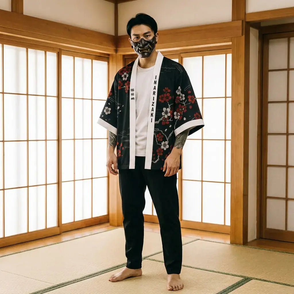 Kimono Zorro llevado por un hombre en una habitación japonesa tradicional, vista frontal
