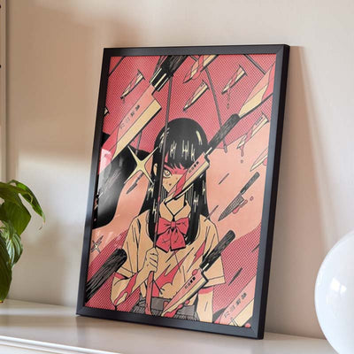 Lámina de anime seinen con estudiante japonesa y cuchillos japoneses