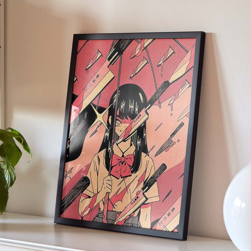 Lámina de anime seinen con estudiante japonesa y cuchillos japoneses