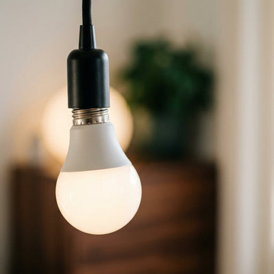 Bombilla LED E27 iluminando una lámpara colgante negra sobre una mesa de madera