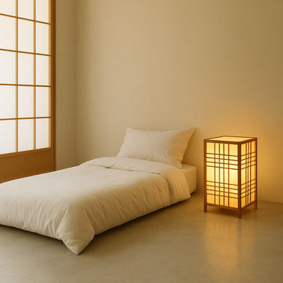 Dormitorio minimalista con una lámpara japonesa de suelo que proyecta una luz cálida junto a la cama