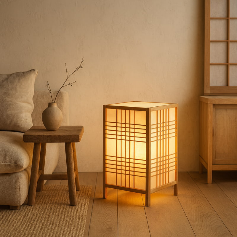 Lámpara japonesa de mesa con estructura de madera y panel shoji sobre suelo de madera en una habitación de tonos cálidos