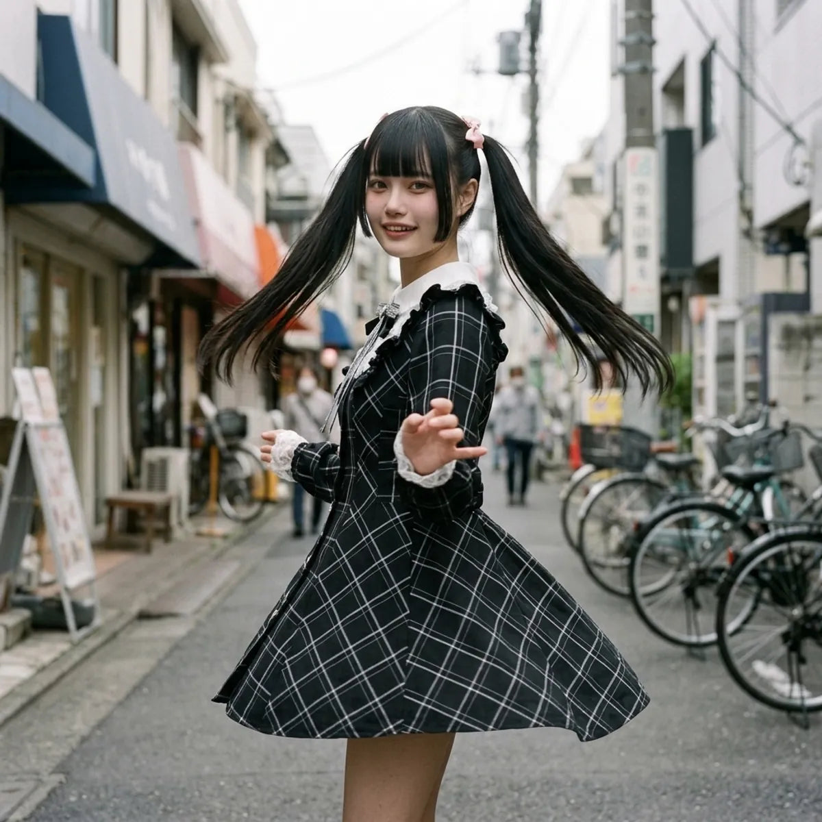 El vestido de cuadros llevado sentada en un escalon bajo en Harajuku, con la falda y los puños de encaje visibles