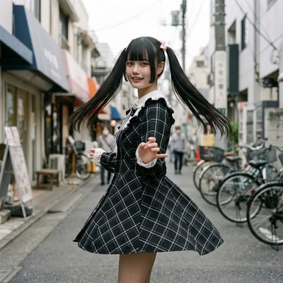 El vestido de cuadros llevado sentada en un escalon bajo en Harajuku, con la falda y los puños de encaje visibles