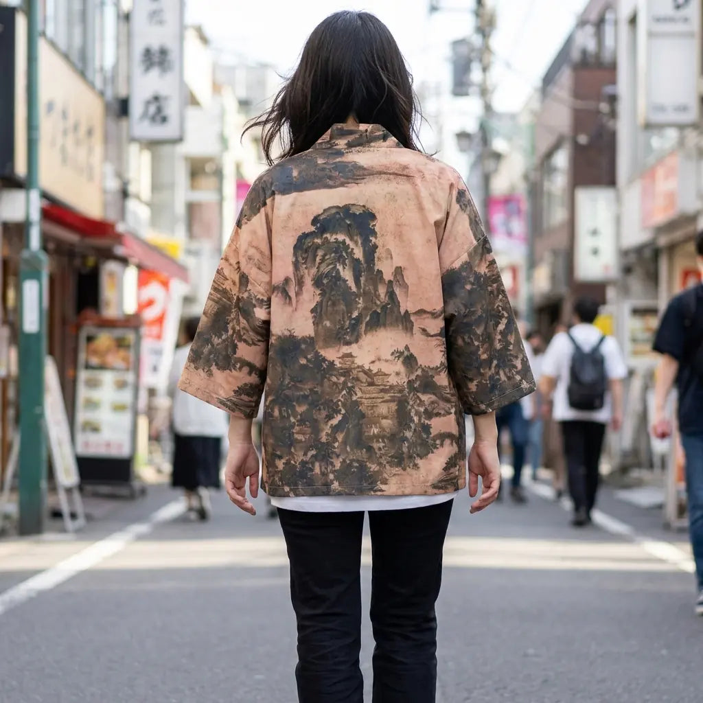 Mujer de espaldas con un look harajuku kimono en una calle japonesa