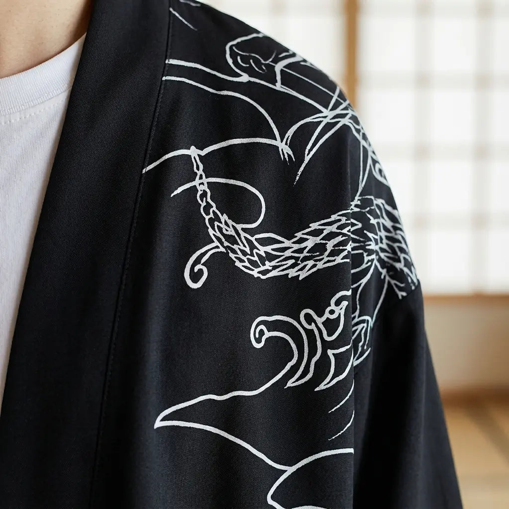 Detalle del estampado y la manga de una chaqueta kimono haori