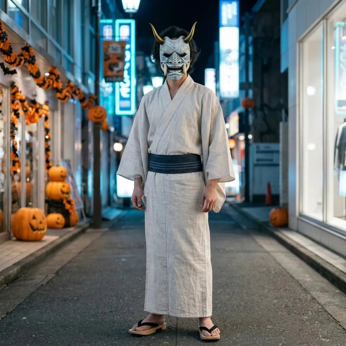 Mascara oni blanca de Halloween lucida de cuerpo entero con un kimono crudo y obi indigo en una calle vacia de Tokio por la noche