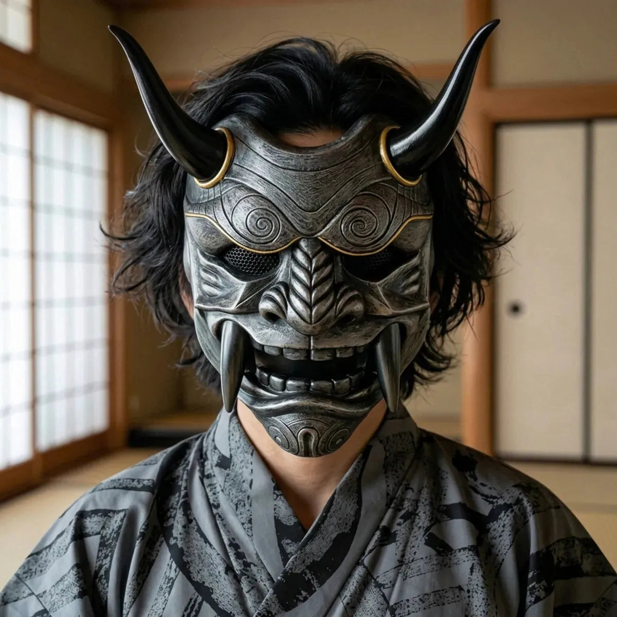 Primer plano de la mascara de demonio gris con cuernos, anillos dorados y colmillos oscuros, llevada en una habitacion japonesa con tatami