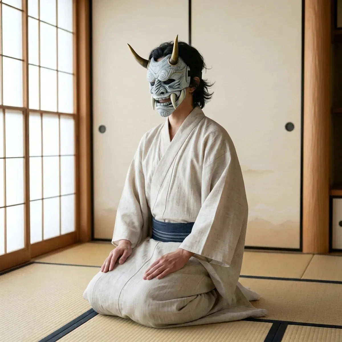 Mascara de demonio japones blanca vista en tres cuartos, llevada de rodillas sobre tatami con un kimono crudo