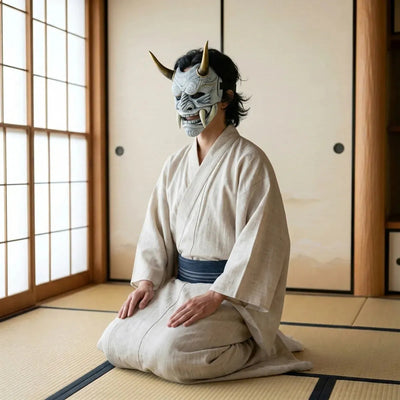 Mascara de demonio japones blanca vista en tres cuartos, llevada de rodillas sobre tatami con un kimono crudo