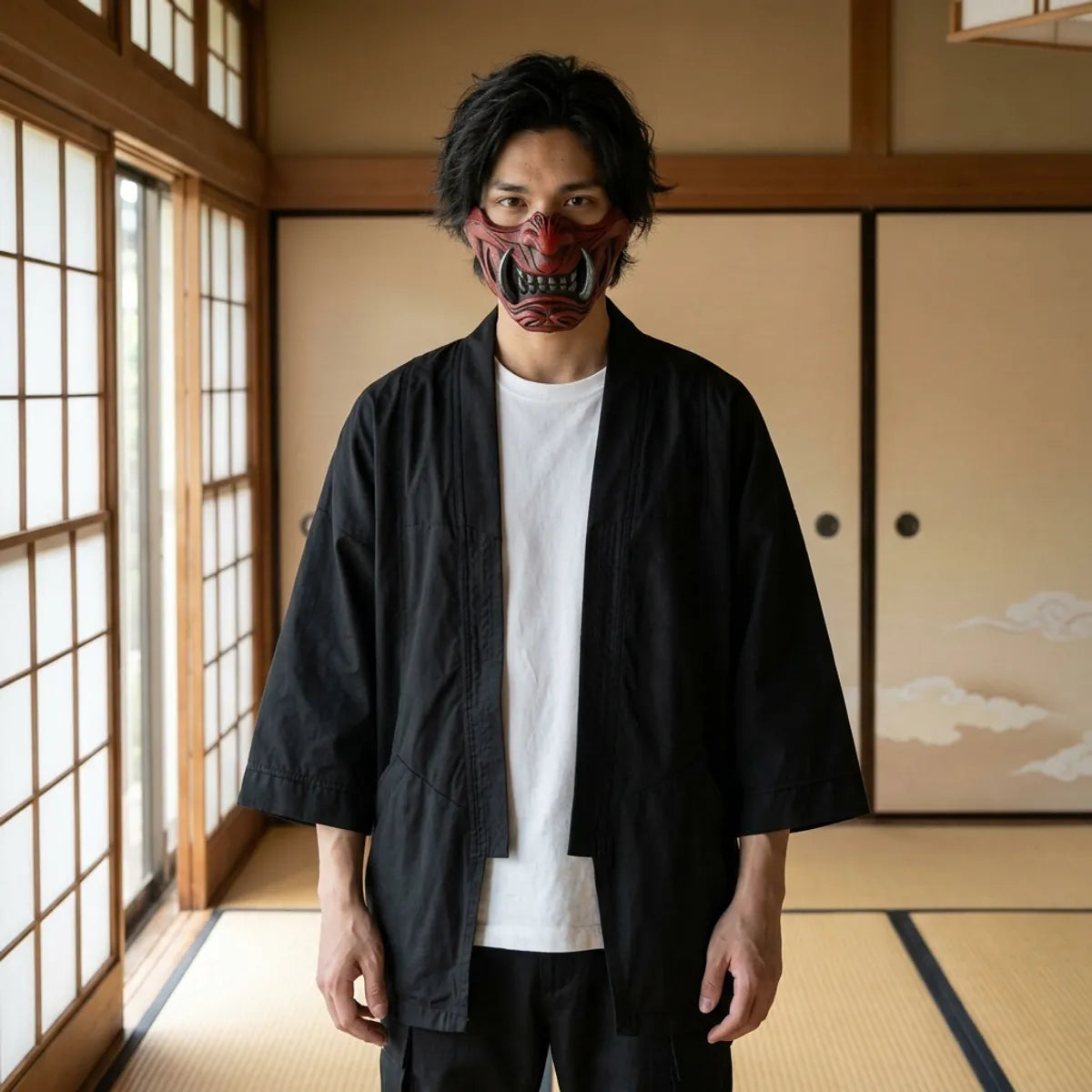 Mascara de samurai demonio: media mascara oni roja con colmillos plateados llevada en una habitacion japonesa de tatami