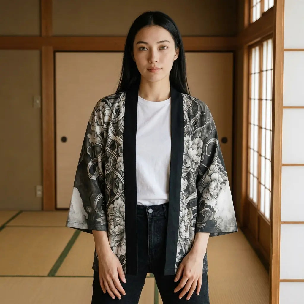 Máscara hannya en un haori visto de frente en una sala con tatami