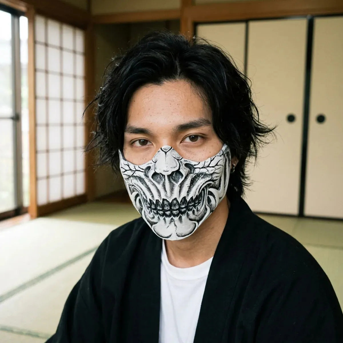 Mascara Shinigami japonesa: primer plano de la media mascara llevada en una habitacion de tatami, con los detalles pintados bajo unos ojos oscuros y calmados