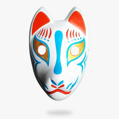 Mascara kitsune anime pintada a mano en tonos azul y naranja