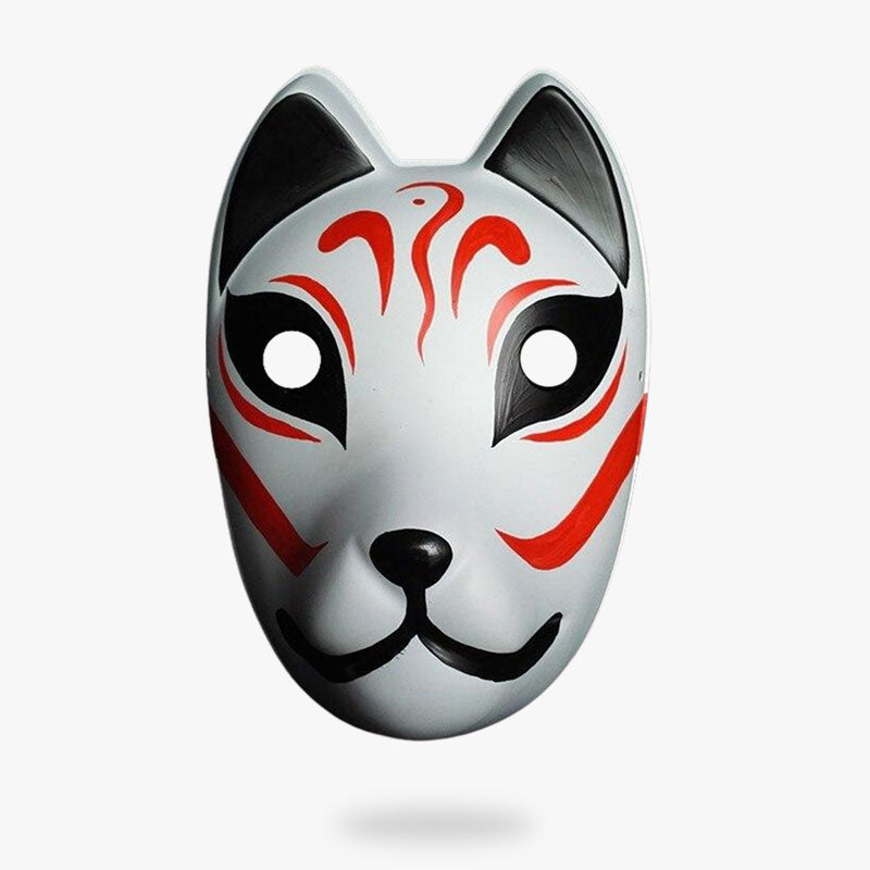 Máscara kitsune blanca pintada a mano con motivos rojos, estilo anbu ninja