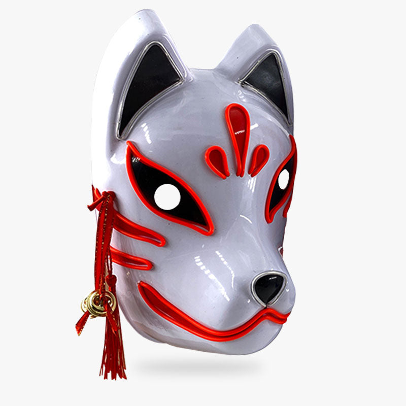 Mascara kitsune LED blanca con detalles rojos, estilo japonés