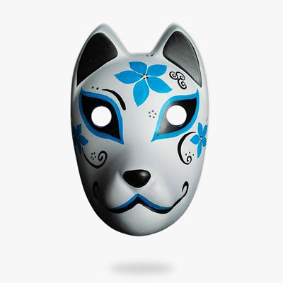 Máscara kitsune sakura blanca pintada a mano con flores azules