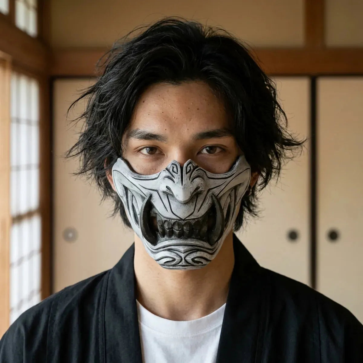 Máscara Menpo Samurai: primer plano de la media máscara llevada en una habitación japonesa con tatami, con detalles pintados bajo unos ojos oscuros y serenos