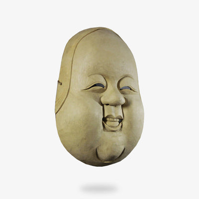 Máscara noh otoko tallada en madera de cedro con expresión sonriente