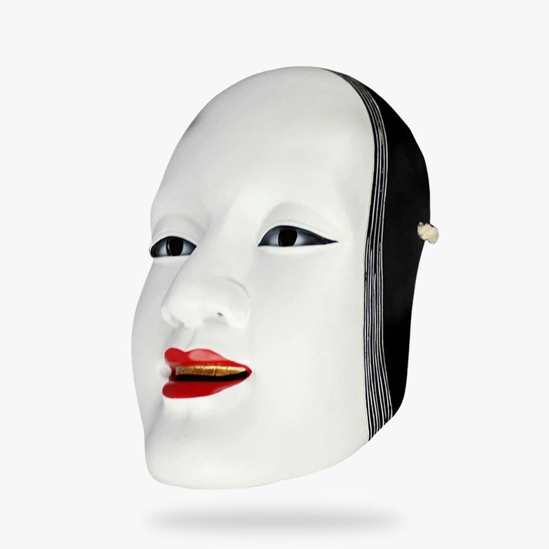 Máscara Noh tradicional blanca de cerámica con labios pintados, popular en el teatro japonés